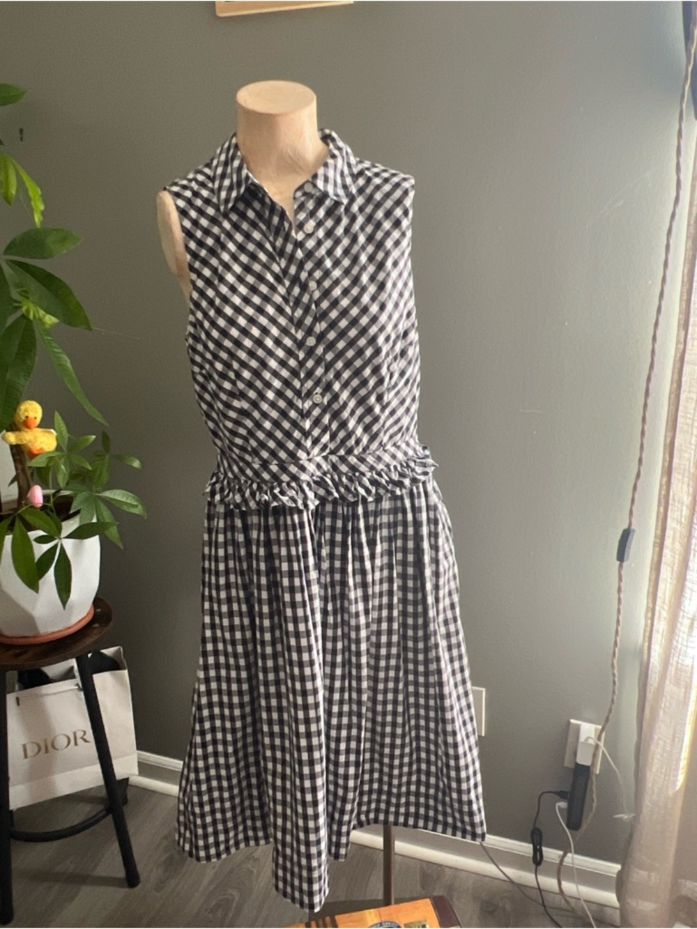J. Crew Black & White Gingham Sleeveless Midi Shirt Dress